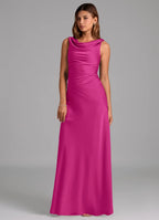 Elegant Form-Fitting Cowl Neck Sleeveless V-Back Floor-Length Satin Bridesmaid Dress for Wedding Events