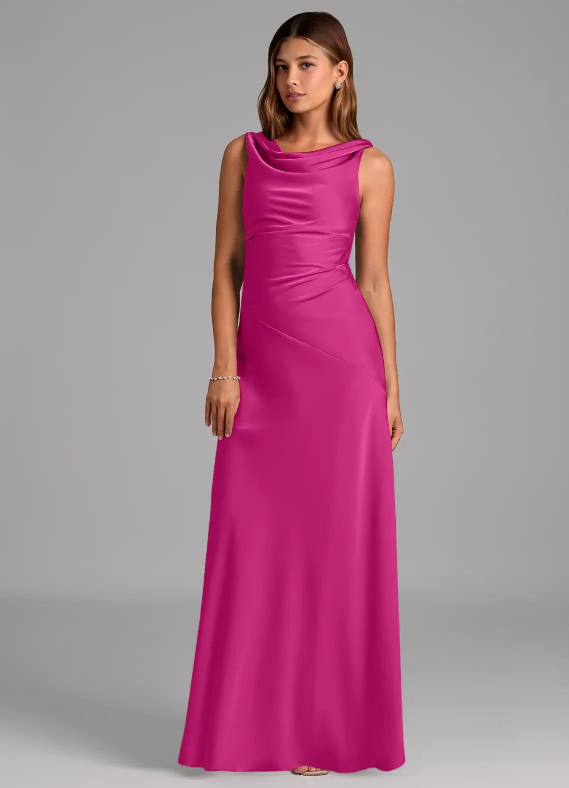 Elegant Form-Fitting Cowl Neck Sleeveless V-Back Floor-Length Satin Bridesmaid Dress for Wedding Events