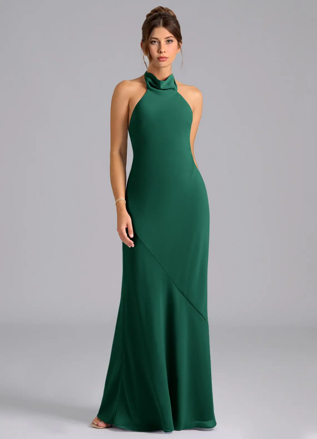 Elegant Halter Neck Open Back Bow Tie Satin Mermaid Floor-Length Bridesmaid Dress