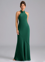 Elegant Halter Neck Open Back Bow Tie Satin Mermaid Floor-Length Bridesmaid Dress