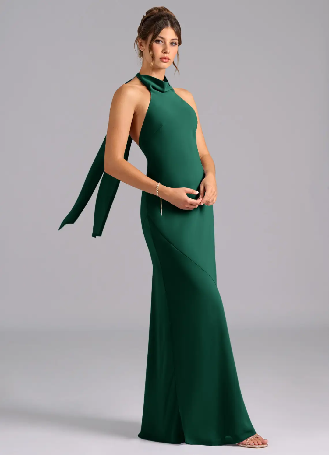 Elegant Halter Neck Open Back Bow Tie Satin Mermaid Floor-Length Bridesmaid Dress