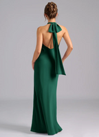 Elegant Halter Neck Open Back Bow Tie Satin Mermaid Floor-Length Bridesmaid Dress
