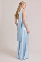 Elegant Halter Neck Satin Mermaid Bridesmaid Dress with Draped Back Detail in Sky Blue