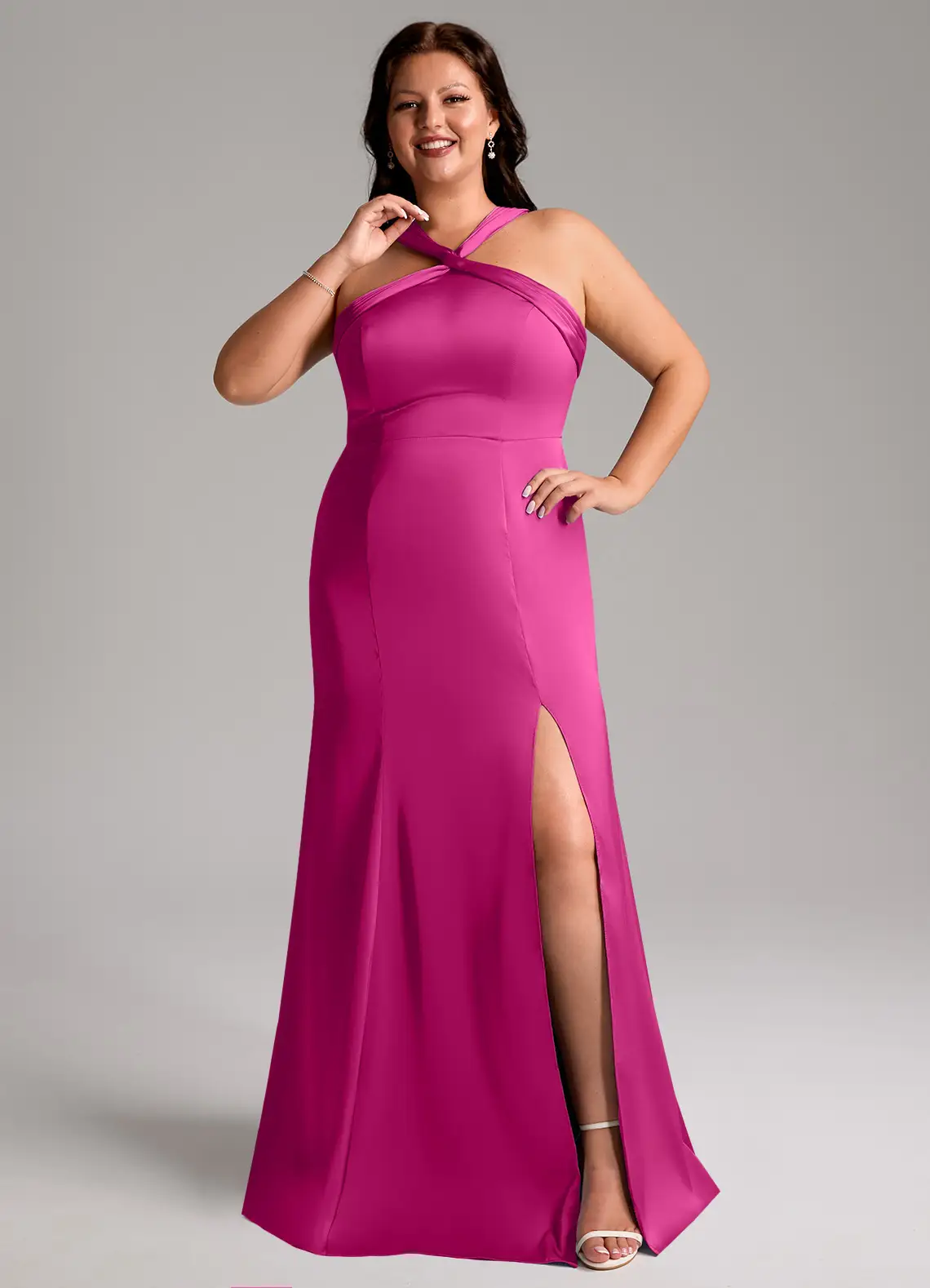Elegant Halter Neck Twist Detail Open Back High Slit Floor-Length Bridesmaid Dresses