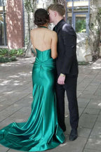 Halter Ruched Sleeveless Slit Mermaid Prom Gown