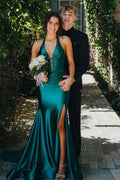 Halter Ruched Sleeveless Slit Mermaid Prom Gown