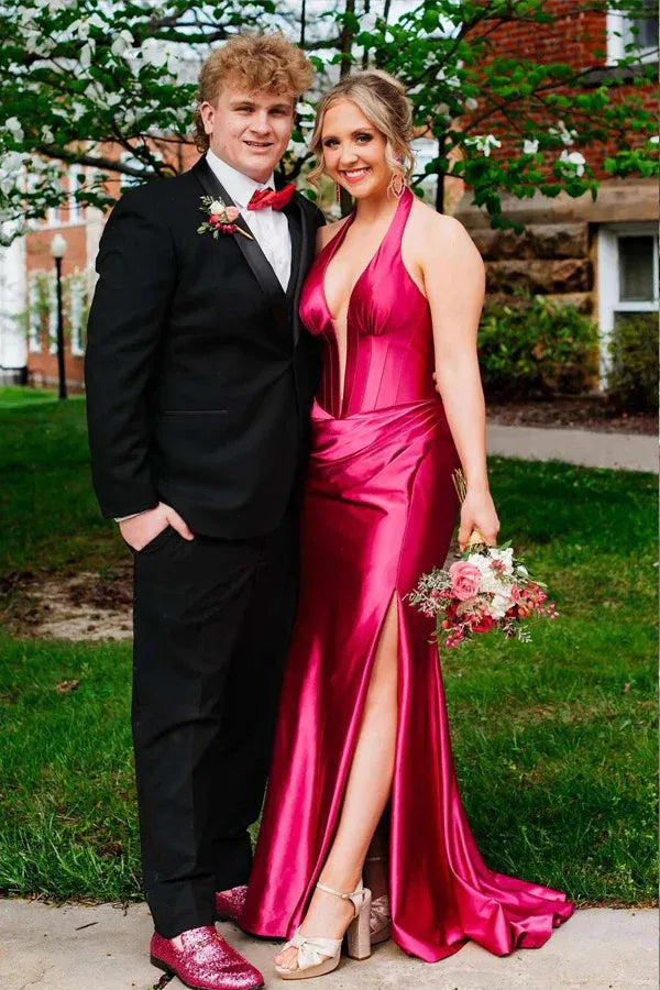 Halter Ruched Sleeveless Slit Mermaid Prom Gown