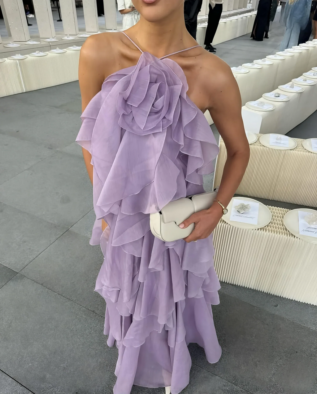 Halter Sleeveless A Line Ruffles Long Prom Dress