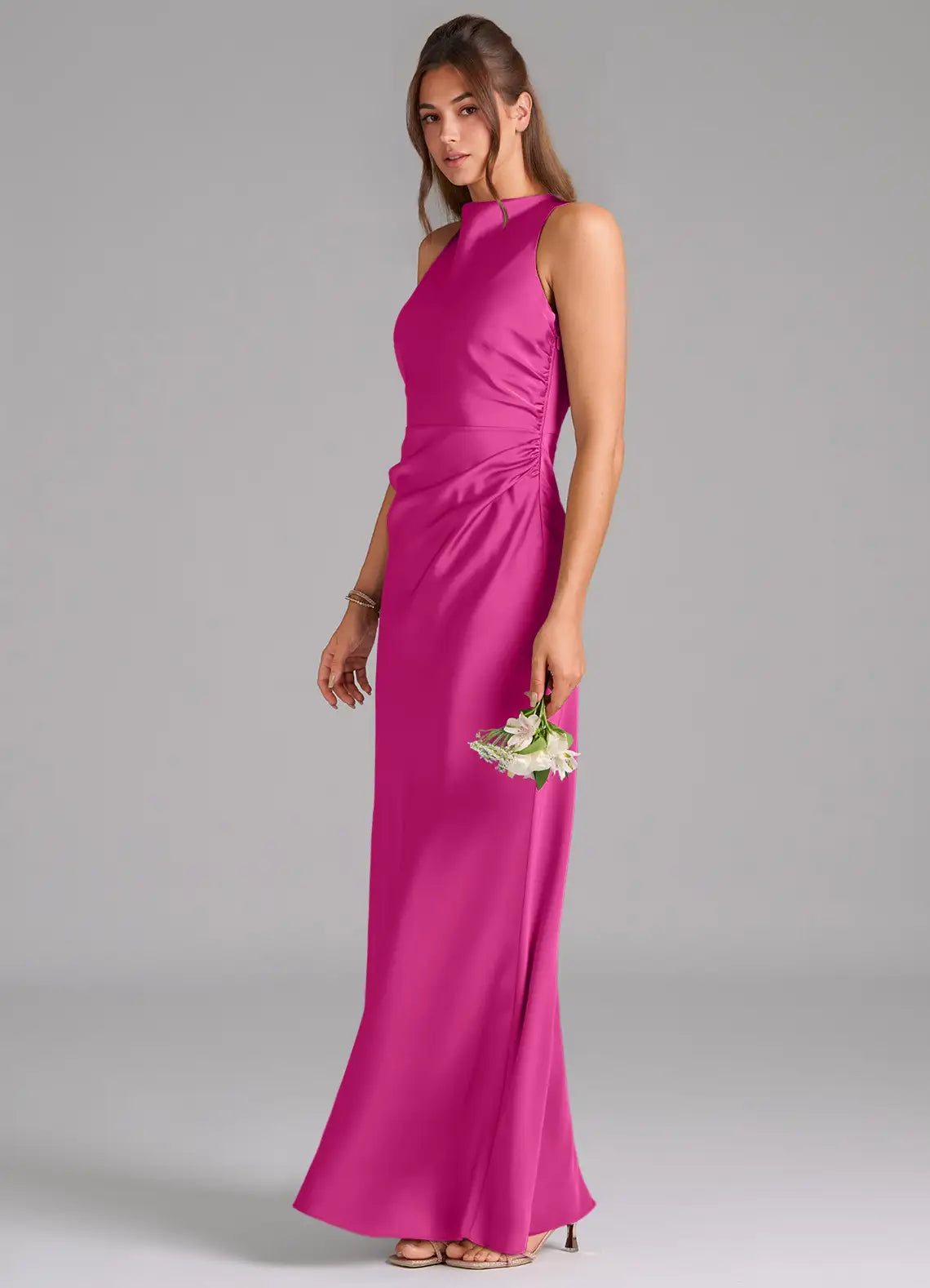 Elegant High Neck Satin Bridesmaid Dresses with Crisscross Back and Side Ruche