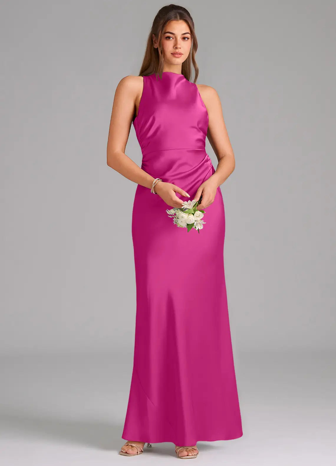 Elegant High Neck Satin Bridesmaid Dresses with Crisscross Back and Side Ruche