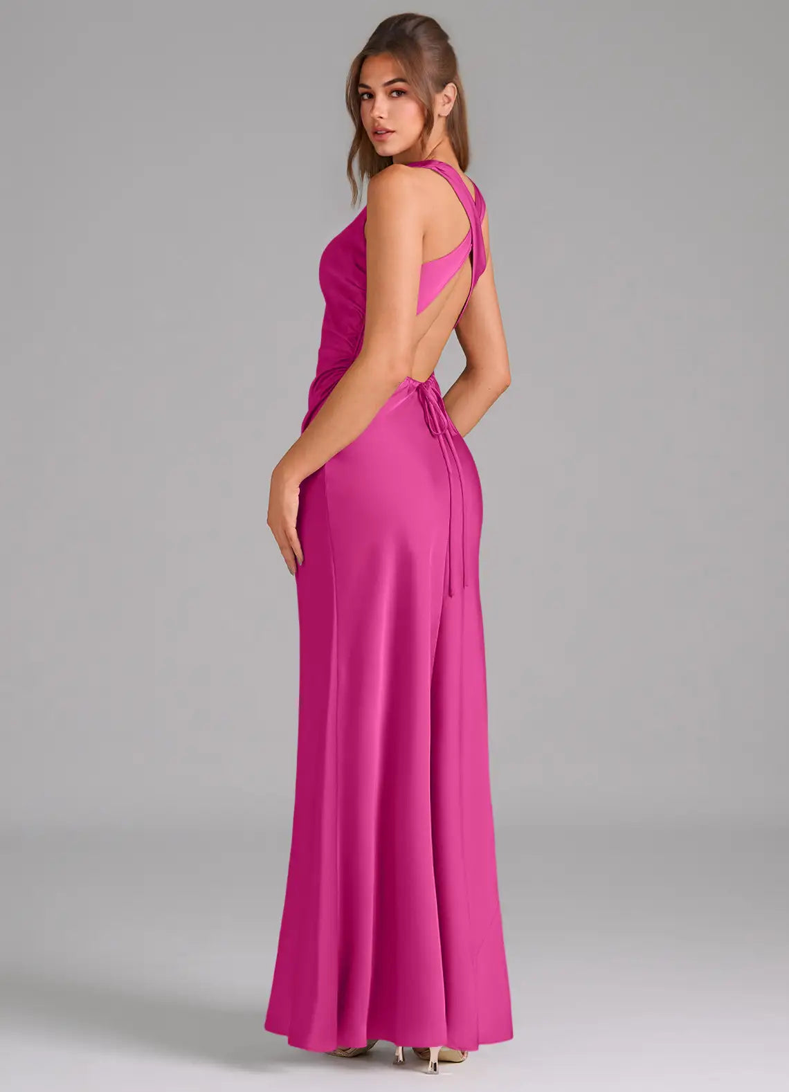 Elegant High Neck Satin Bridesmaid Dresses with Crisscross Back and Side Ruche
