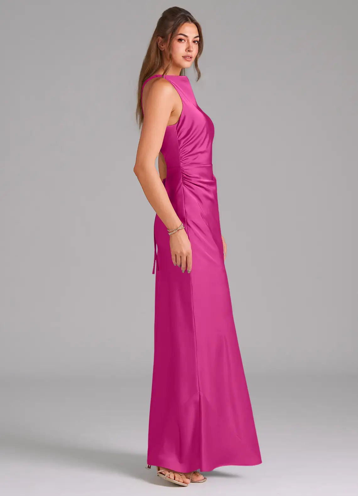 Elegant High Neck Satin Bridesmaid Dresses with Crisscross Back and Side Ruche