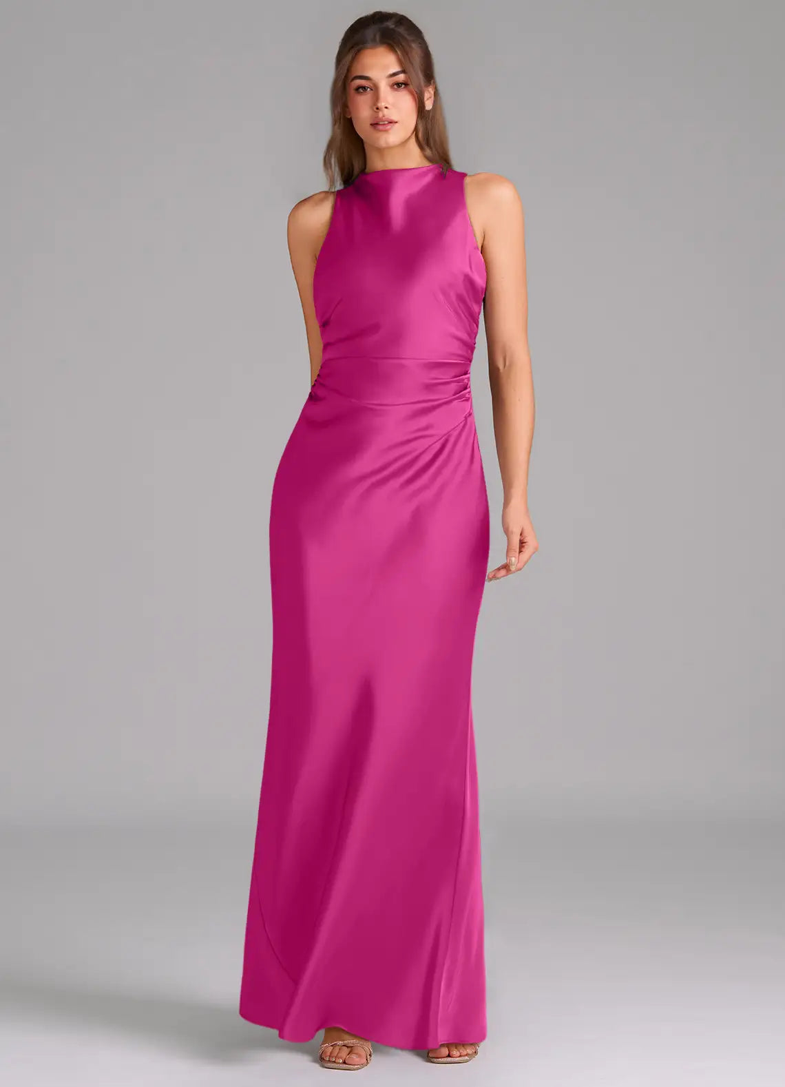 Elegant High Neck Satin Bridesmaid Dresses with Crisscross Back and Side Ruche