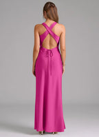 Elegant High Neck Satin Bridesmaid Dresses with Crisscross Back and Side Ruche