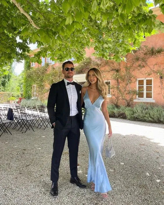 Elegant Light Blue Satin Maxi Dress Spaghetti-Strap Deep V-Neck Form-Fitting Gown for Formal Events
