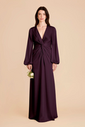 Elegant Luxe Long Puff Sleeve Satin Deep V-Neck Twisted Ruched Waist Floor-Length Bridesmaid Dress