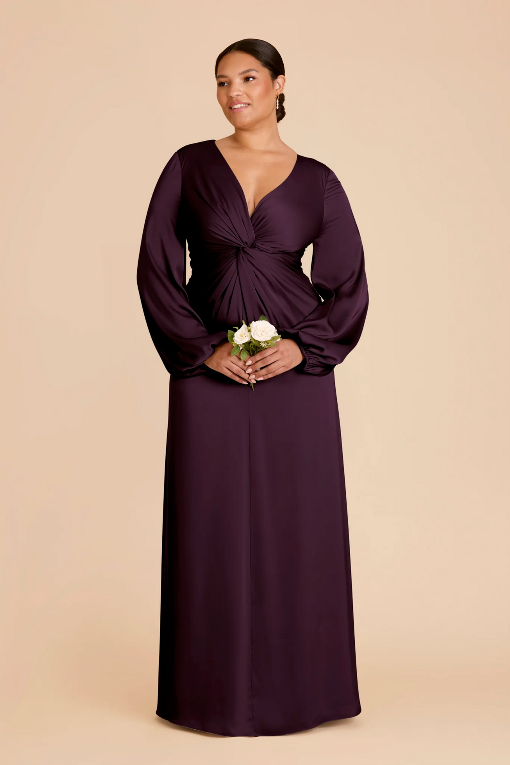 Elegant Luxe Long Puff Sleeve Satin Deep V-Neck Twisted Ruched Waist Floor-Length Bridesmaid Dress