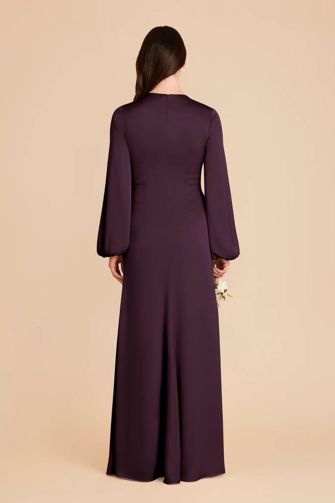 Elegant Luxe Long Puff Sleeve Satin Deep V-Neck Twisted Ruched Waist Floor-Length Bridesmaid Dress