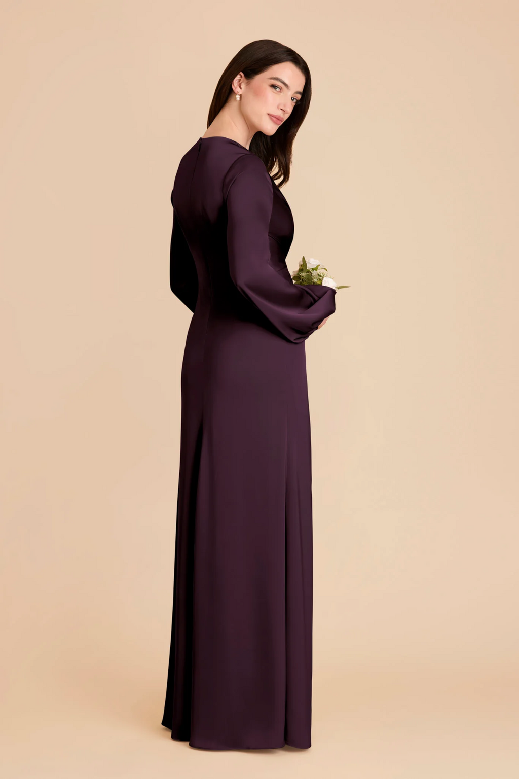 Elegant Luxe Long Puff Sleeve Satin Deep V-Neck Twisted Ruched Waist Floor-Length Bridesmaid Dress