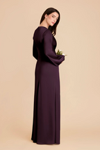 Elegant Luxe Long Puff Sleeve Satin Deep V-Neck Twisted Ruched Waist Floor-Length Bridesmaid Dress