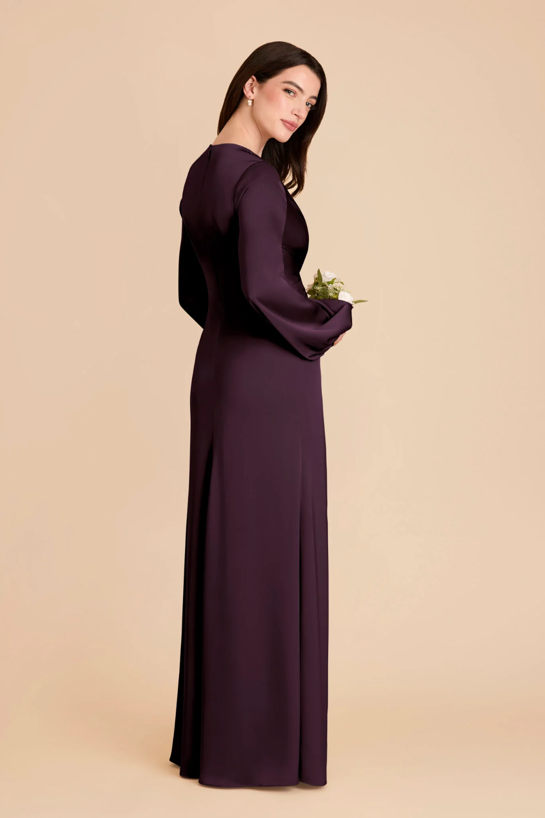 Elegant Luxe Long Puff Sleeve Satin Deep V-Neck Twisted Ruched Waist Floor-Length Bridesmaid Dress