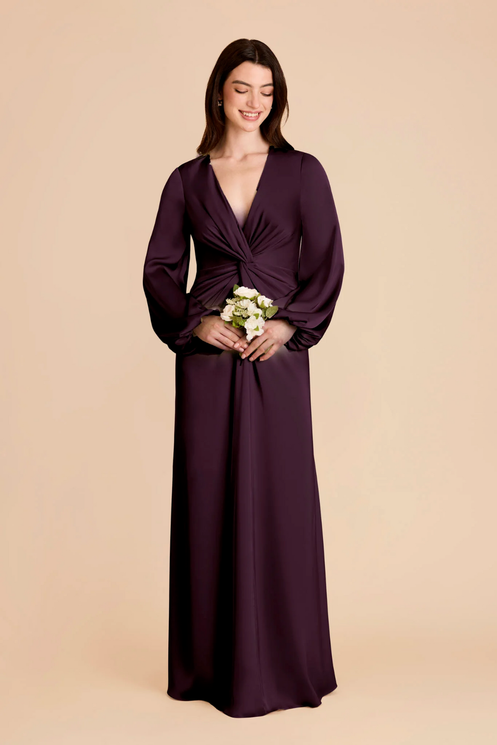 Elegant Luxe Long Puff Sleeve Satin Deep V-Neck Twisted Ruched Waist Floor-Length Bridesmaid Dress