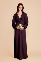 Elegant Luxe Long Puff Sleeve Satin Deep V-Neck Twisted Ruched Waist Floor-Length Bridesmaid Dress