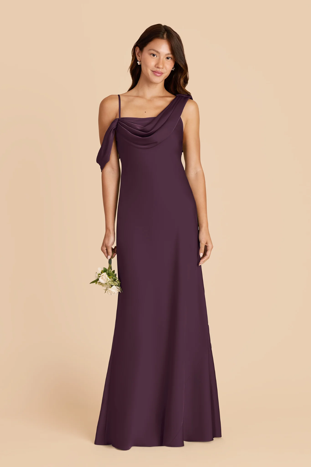 Elegant Luxe One-Shoulder Draped Satin Backless Floor-Length Bridesmaid Dress with Ruched Detail