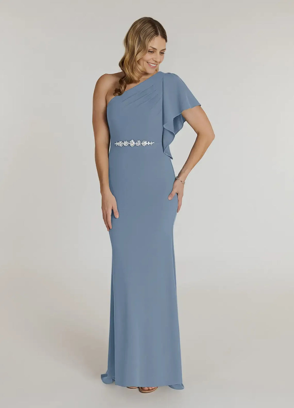 Mermaid Asymmetrical Neck Flutter Sleeve Back Zip Sweep/Brush Train Mother of the Bride Dress
