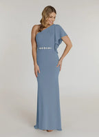 Mermaid Asymmetrical Neck Flutter Sleeve Back Zip Sweep/Brush Train Mother of the Bride Dress
