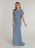 Mermaid Asymmetrical Neck Flutter Sleeve Back Zip Sweep/Brush Train Mother of the Bride Dress