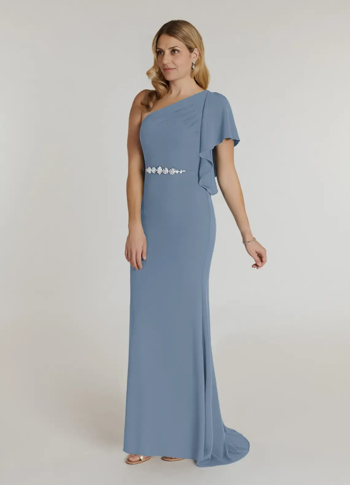 Mermaid Asymmetrical Neck Flutter Sleeve Back Zip Sweep/Brush Train Mother of the Bride Dress