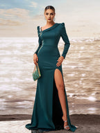 Mermaid Asymmetrical Neck Long Sleeve Back Zip Floor-Length Prom Dress