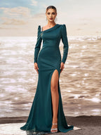 Mermaid Asymmetrical Neck Long Sleeve Back Zip Floor-Length Prom Dress
