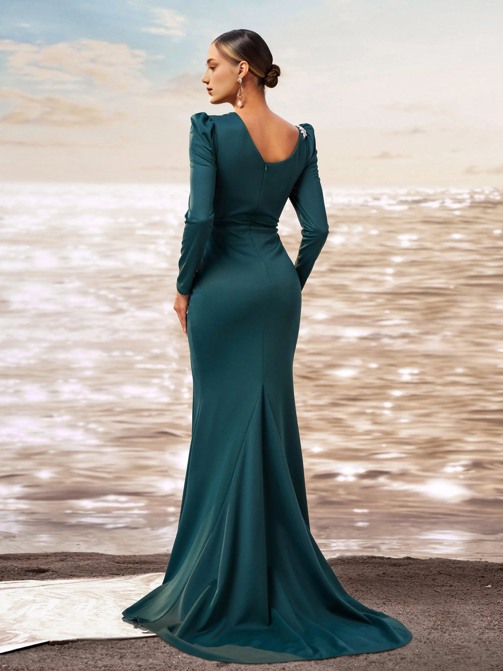 Mermaid Asymmetrical Neck Long Sleeve Back Zip Floor-Length Prom Dress