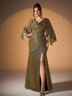 Mermaid Cowl Neck Flutter Sleeve V Back Floor-Length Plus Size Prom Dress