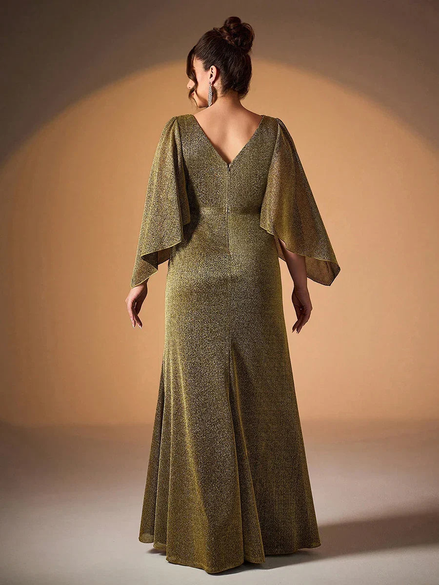 Mermaid Cowl Neck Flutter Sleeve V Back Floor-Length Plus Size Prom Dress