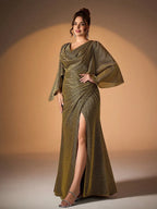 Mermaid Cowl Neck Flutter Sleeve V Back Floor-Length Plus Size Prom Dress