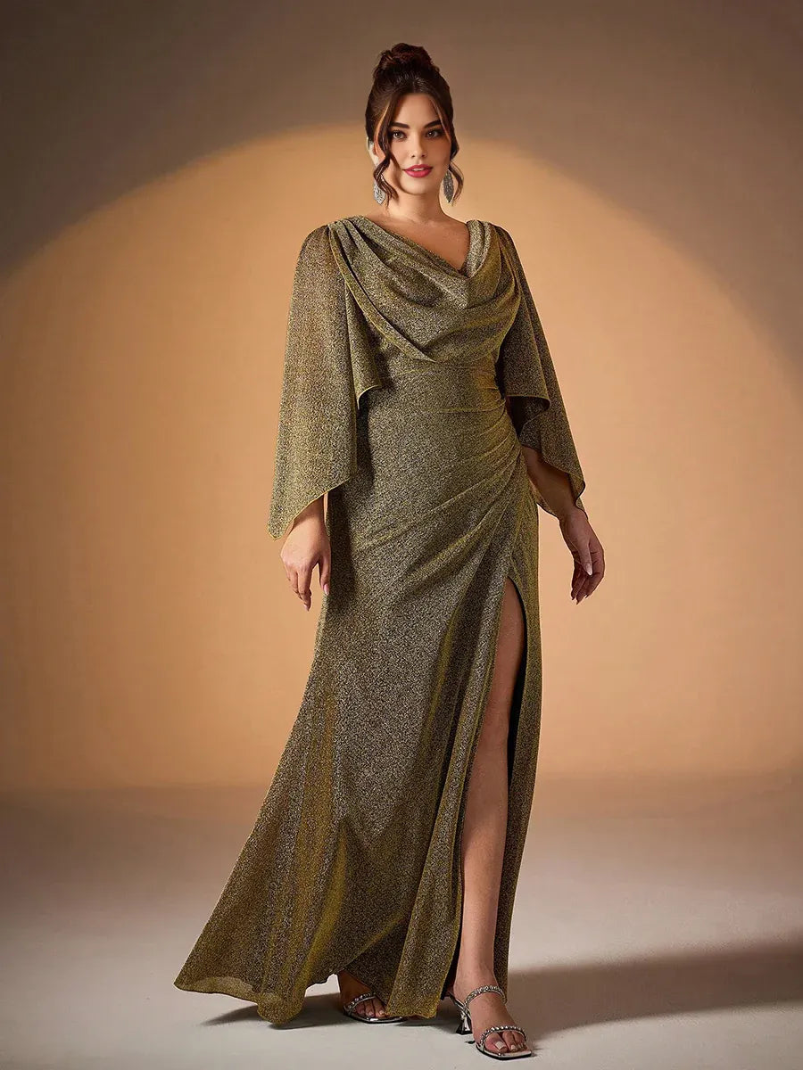 Mermaid Cowl Neck Flutter Sleeve V Back Floor-Length Plus Size Prom Dress