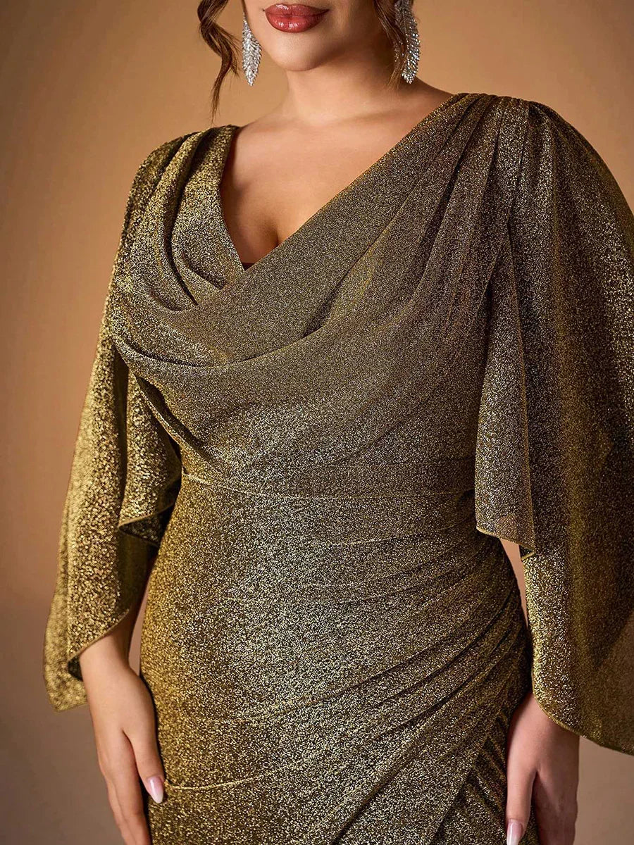 Mermaid Cowl Neck Flutter Sleeve V Back Floor-Length Plus Size Prom Dress