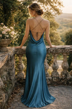 Mermaid Prom Dress Teal Satin With Elegant Cowl Neck Spaghetti Straps Crisscross Open Back