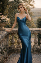 Mermaid Prom Dress Teal Satin With Elegant Cowl Neck Spaghetti Straps Crisscross Open Back