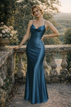 Mermaid Prom Dress Teal Satin With Elegant Cowl Neck Spaghetti Straps Crisscross Open Back