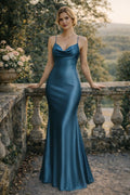 Mermaid Prom Dress Teal Satin With Elegant Cowl Neck Spaghetti Straps Crisscross Open Back