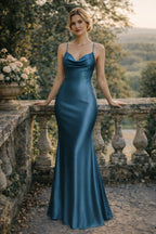 Mermaid Prom Dress Teal Satin With Elegant Cowl Neck Spaghetti Straps Crisscross Open Back