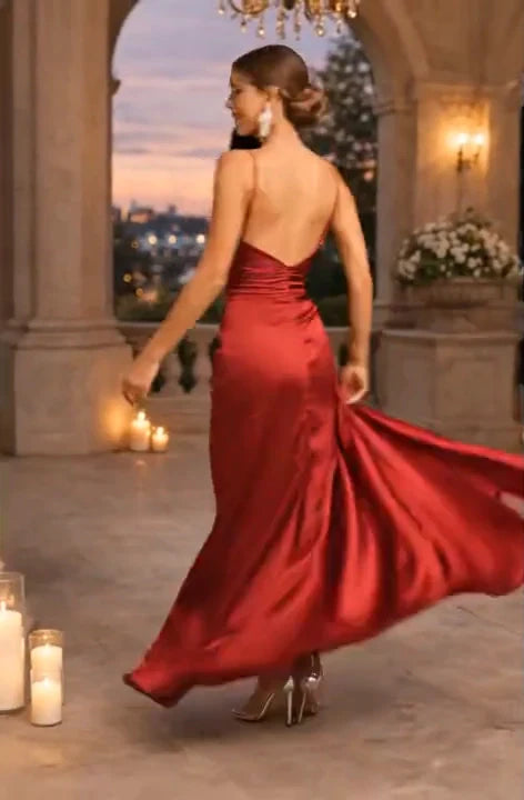 Mermaid Prom Dress With Cowl Neck Satin Ruched Bodice And High Front Slit In Rich Red For Showstopping Glamorous Teens