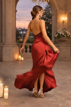 Mermaid Prom Dress With Cowl Neck Satin Ruched Bodice And High Front Slit In Rich Red For Showstopping Glamorous Teens