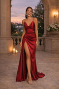 Mermaid Prom Dress With Cowl Neck Satin Ruched Bodice And High Front Slit In Rich Red For Showstopping Glamorous Teens