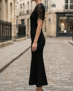 Elegant Mermaid Crew Neck Short Sleeve Floral Lace Black Midi Evening Dresses
