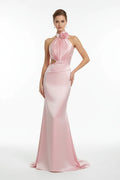 Mermaid Prom Dress Halter Neck Satin Pink With 3D Rose Ruched Bodice Cutout Glam Beaded Trim For Prom Night